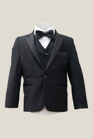 Boys Matte Black Notch Satin Lapel Suit